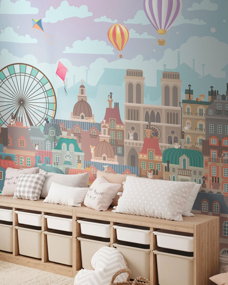 Wall murals City with a ferris wheel and hot air balloons - Image 2