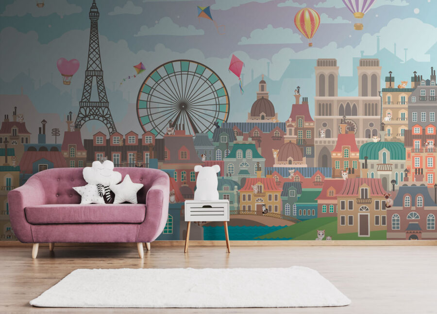 Wall murals City with a ferris wheel and hot air balloons