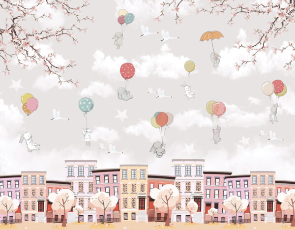 City with trees and balloons City with trees and balloons