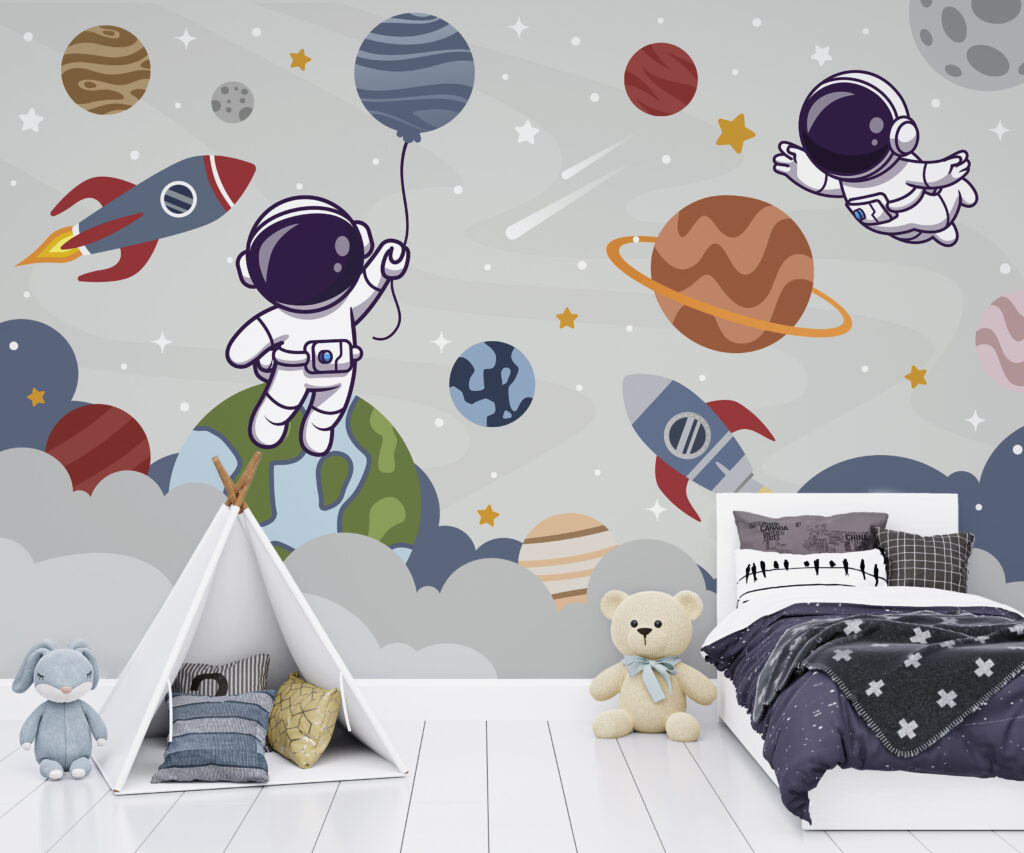 Cartoon astronaut in space with planets and rocket flying in the sky Cartoon astronaut in space with planets and rocket flying in the sky
