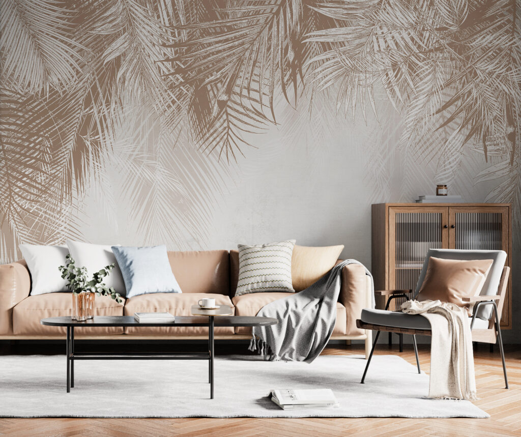 White and brown background with palm leaves White and brown background with palm leaves