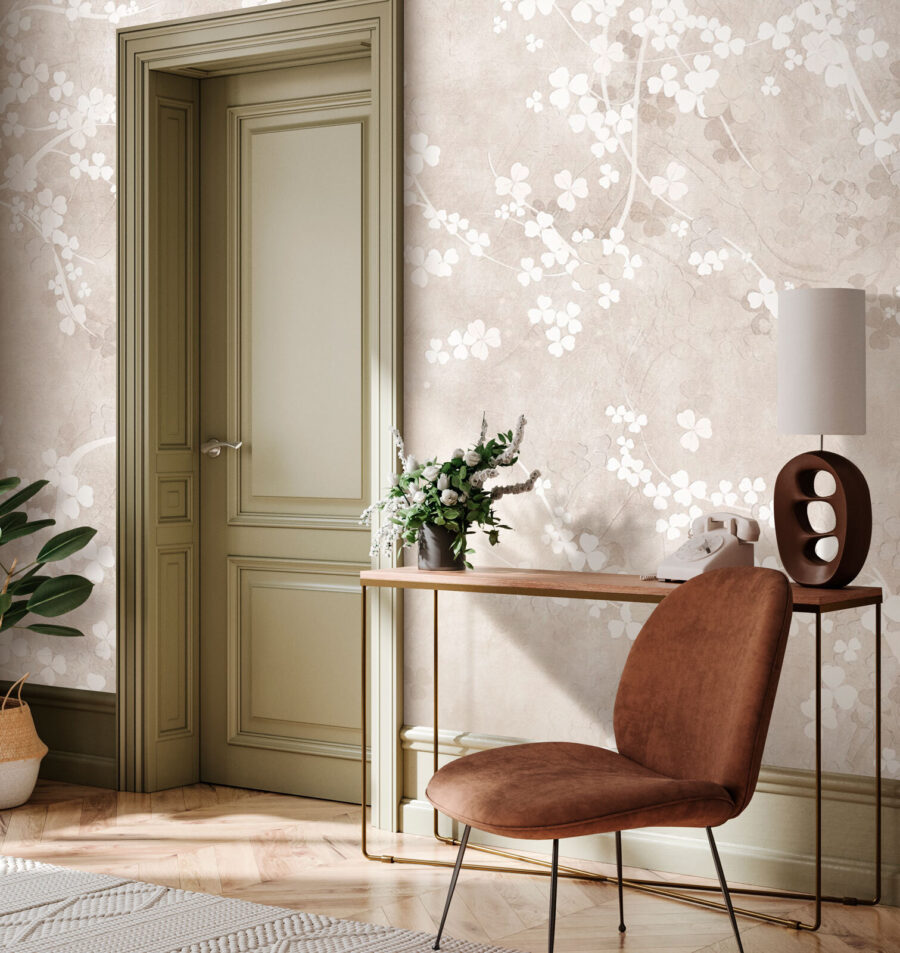 Wall murals White flowers on a beige background