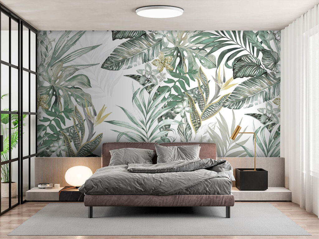 Wallpaper with leaves and flowers