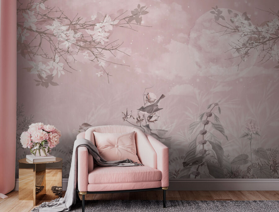 Pink background with birds and flowers