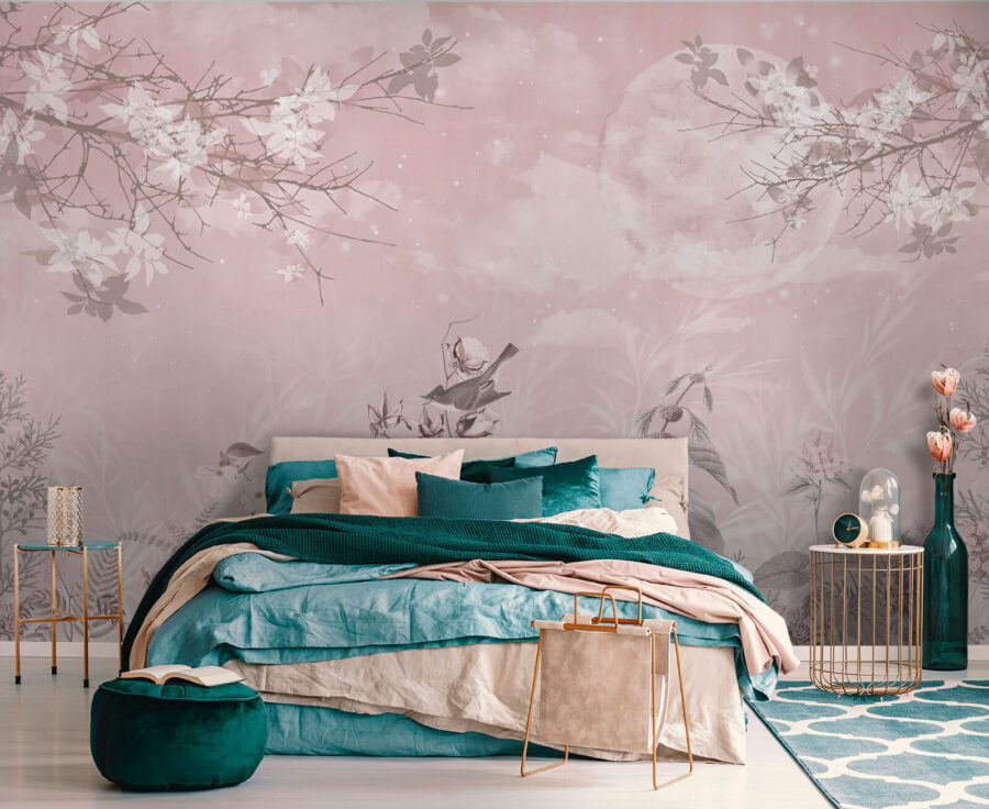 Pink background with birds and flowers