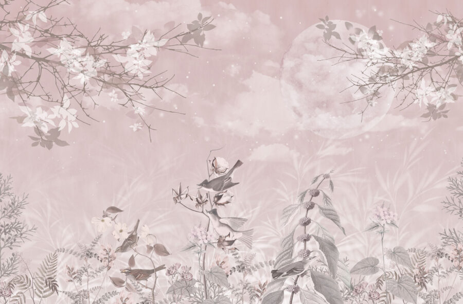 Pink background with birds and flowers