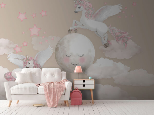 Group of unicorns flying on the moon Group of unicorns flying on the moon
