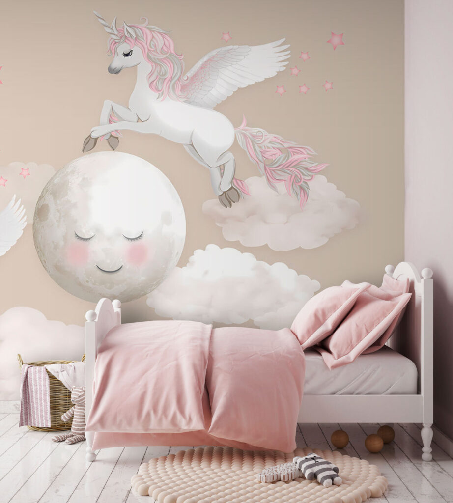 Group of unicorns flying on the moon Group of unicorns flying on the moon