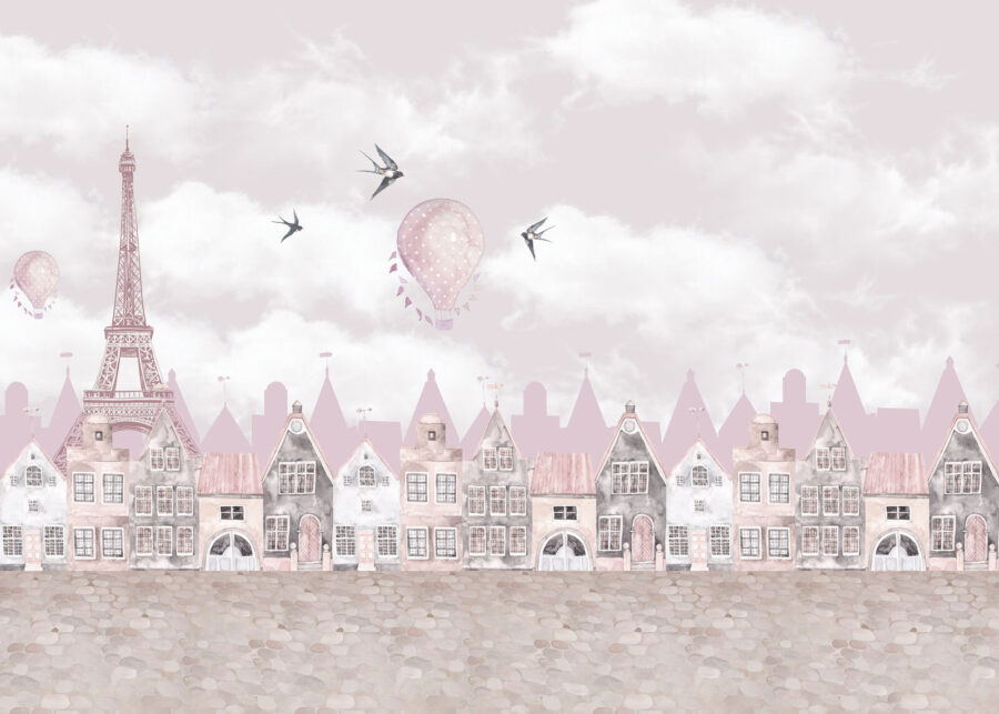 Pink and white cityscape with pink balloons and birds flying