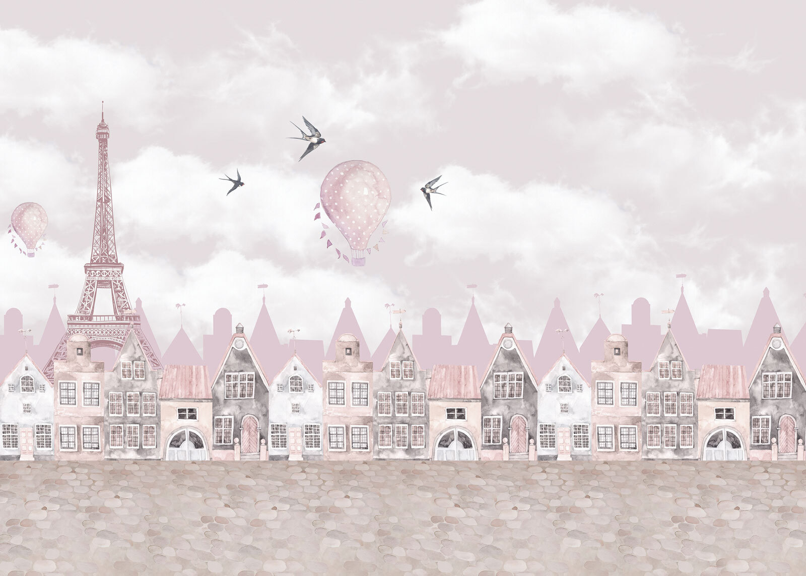 Pink and white cityscape with pink balloons and birds flying Pink and white cityscape with pink balloons and birds flying