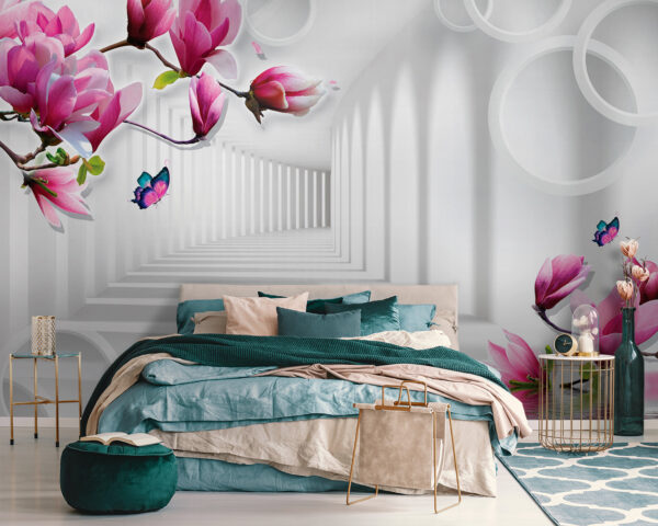 Wallpaper with pink flowers and butterflies Wallpaper with pink flowers and butterflies