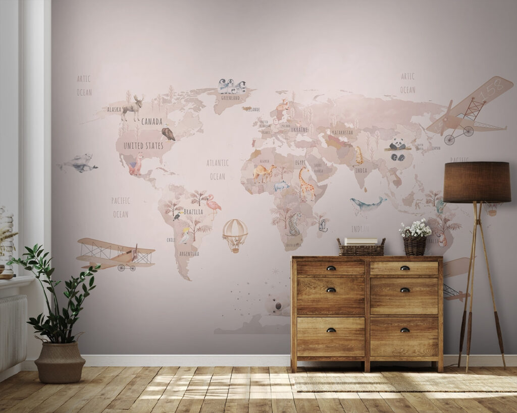 Map of the world with airplanes and polar bears