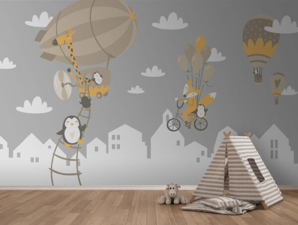 Cartoon animals riding a bike and a balloon Cartoon animals riding a bike and a balloon