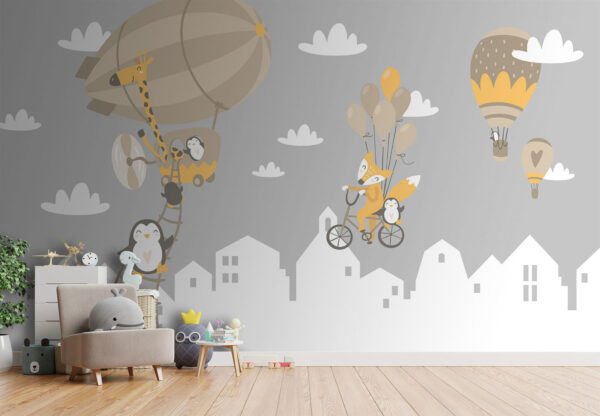 Cartoon animals riding a bike and a balloon Cartoon animals riding a bike and a balloon