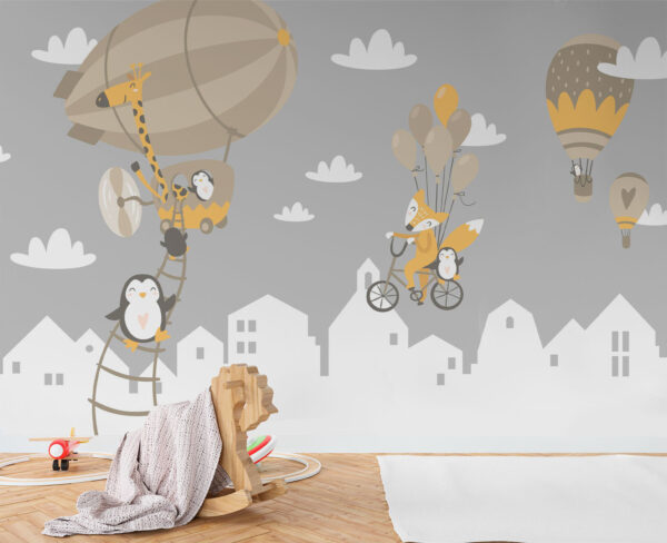 Cartoon animals riding a bike and a balloon Cartoon animals riding a bike and a balloon