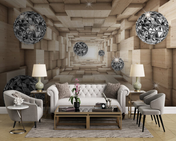 Room with wood and silver balls Room with wood and silver balls