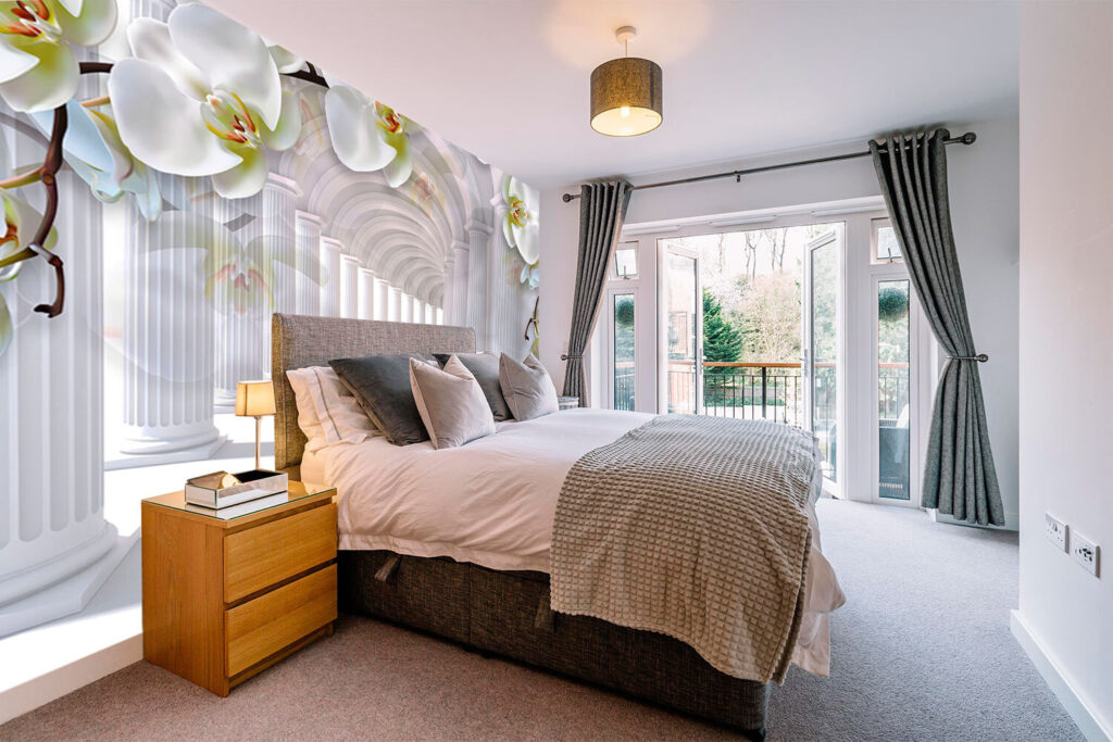 White columns and flowers in a hallway White columns and flowers in a hallway