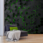 Wall mural A black hexagons with green lights