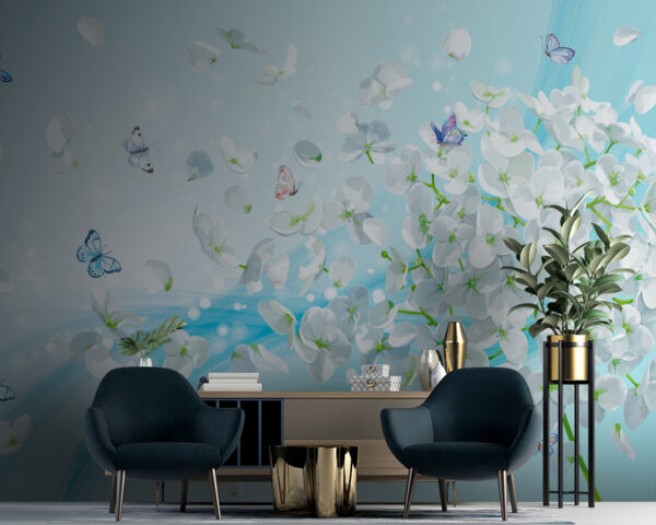 Wall murals White flowers with butterflies flying Wall murals White flowers with butterflies flying