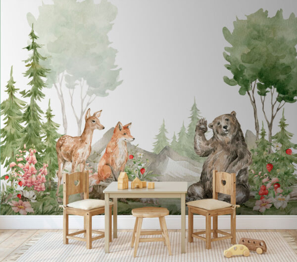 Watercolor painting of animals in the forest