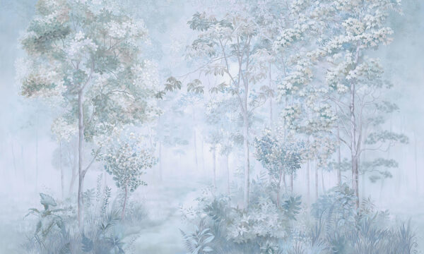 Foggy forest with trees and plants Foggy forest with trees and plants