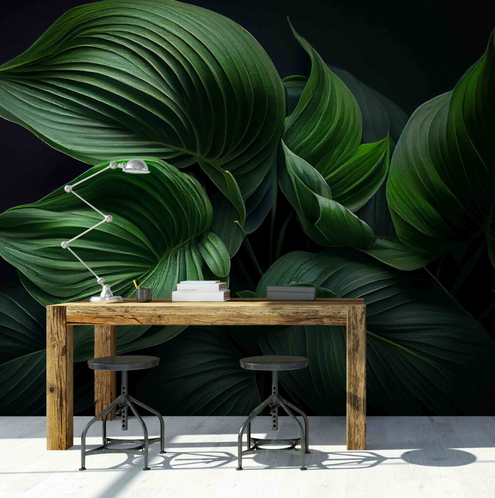 Lush green leaves in serene darkness Lush green leaves in serene darkness