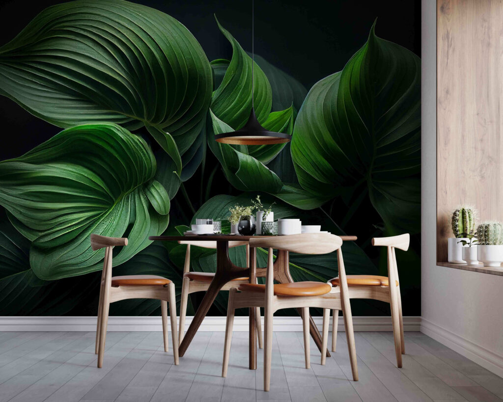 Lush green leaves in serene darkness Lush green leaves in serene darkness