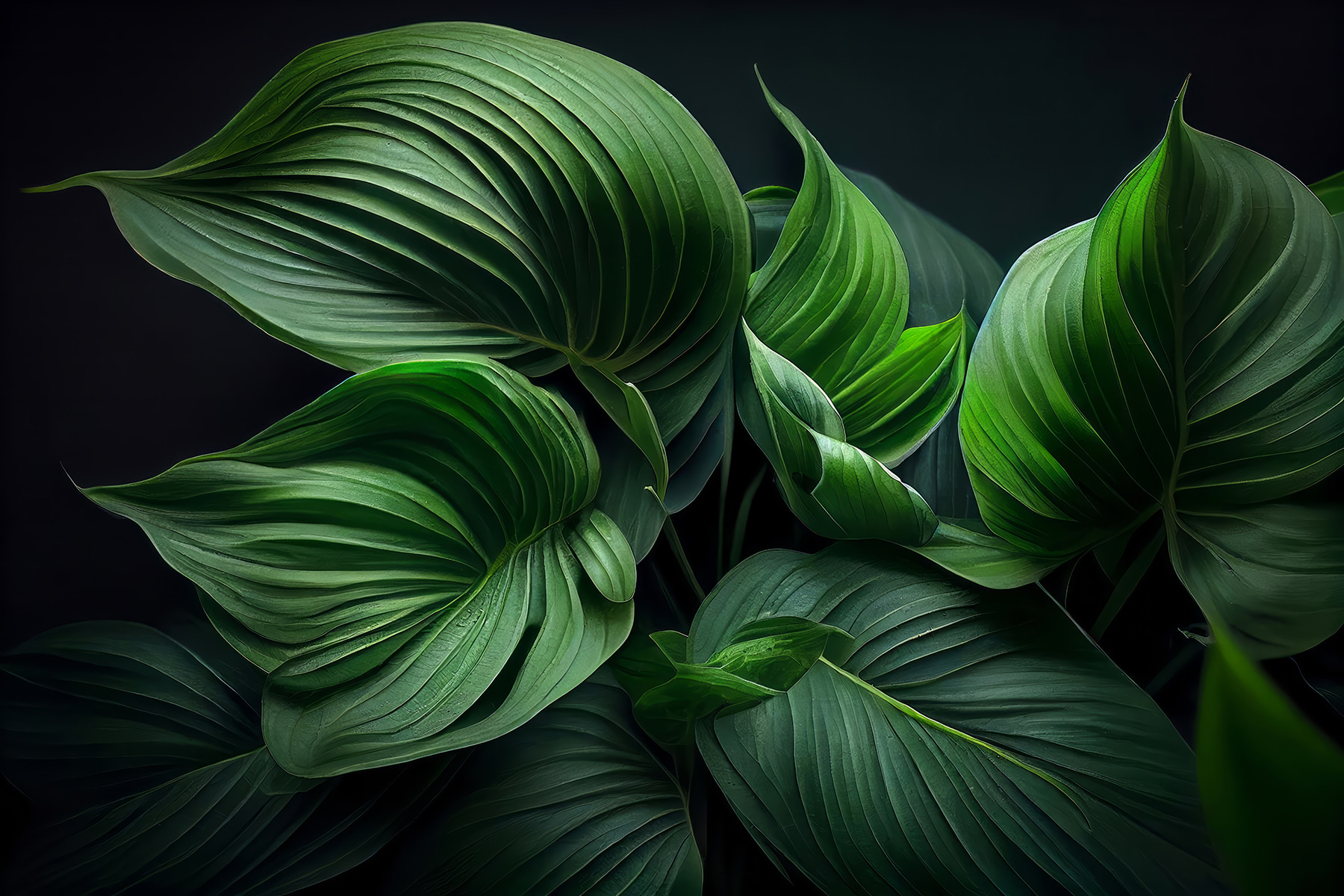 Lush green leaves in serene darkness Lush green leaves in serene darkness