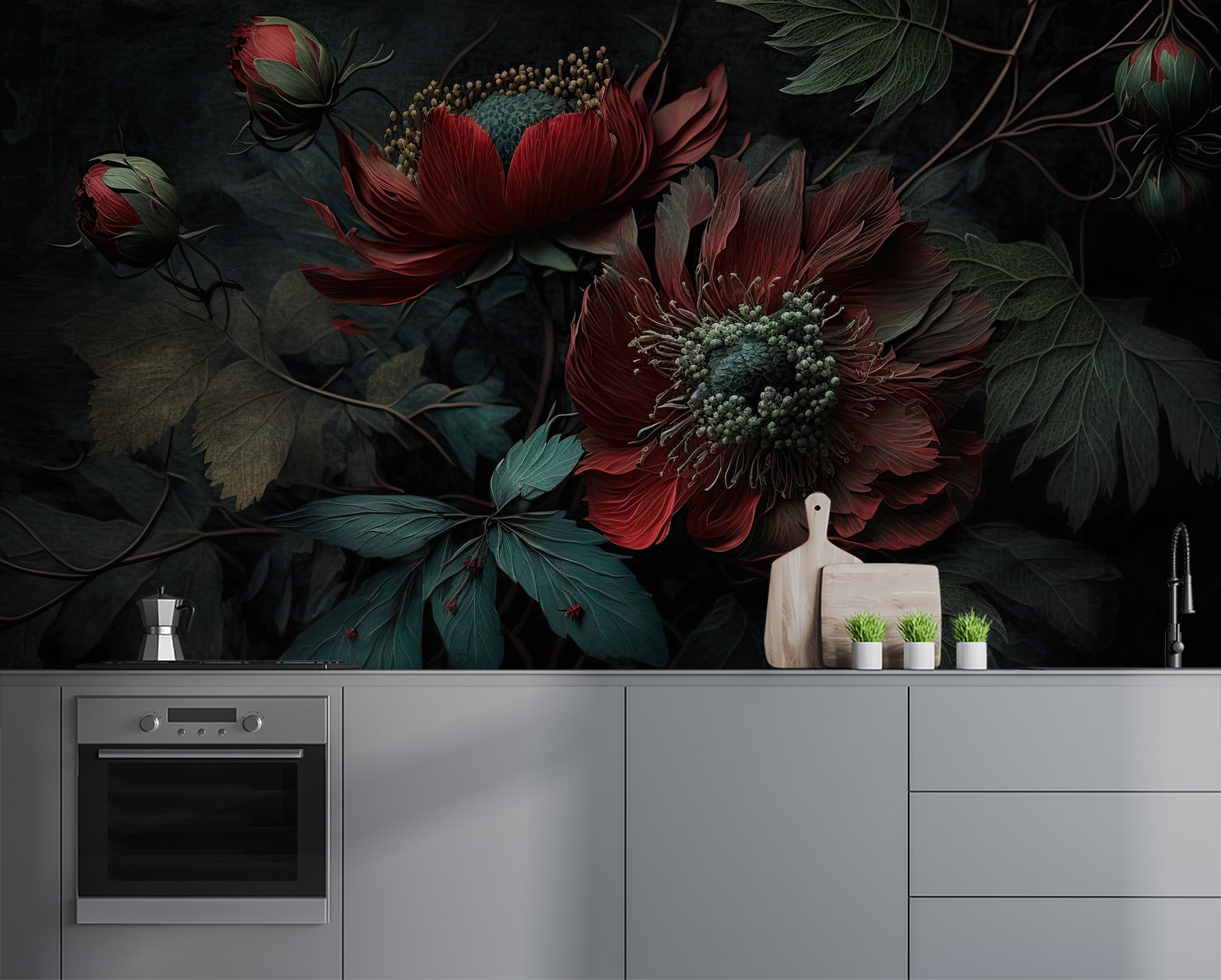 Dark blooms in a moody setting.