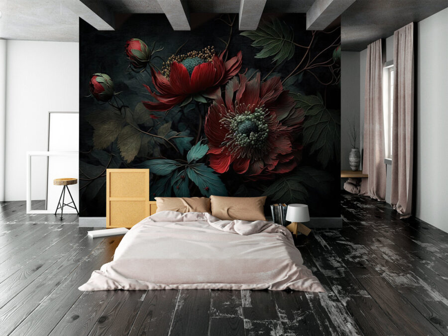 Dark blooms in a moody setting.