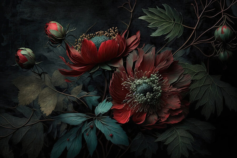 Dark blooms in a moody setting.