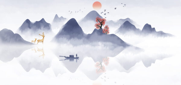 Painting of a boat on a mountain with trees and mountains in the background u72989p 600x283 - Painting of a boat on a mountain with trees and mountains in the background - tegory