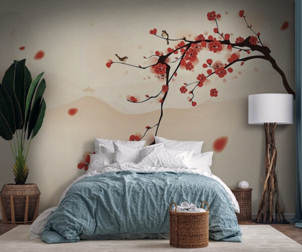 Branch with red flowers and birds flying in the sky Branch with red flowers and birds flying in the sky