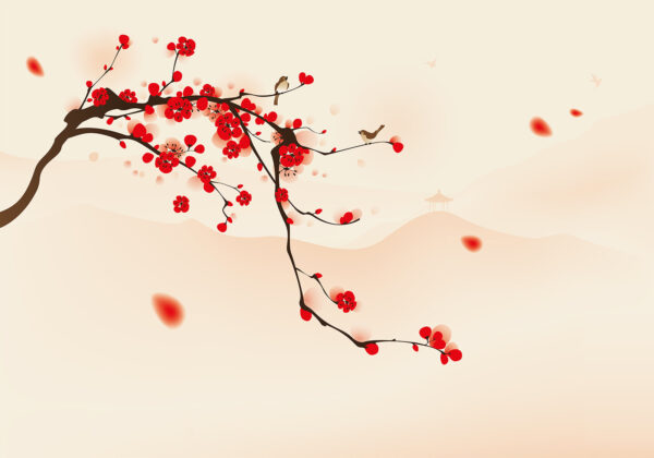 Branch with red flowers and birds flying in the sky Branch with red flowers and birds flying in the sky