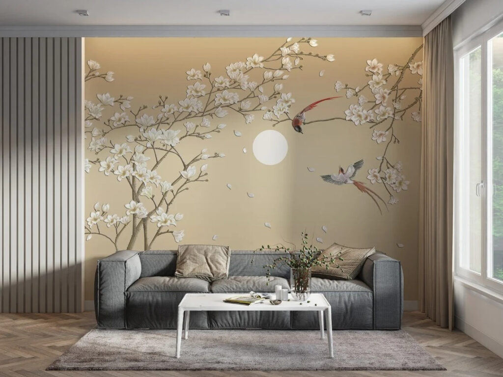 Tree with white flowers and birds