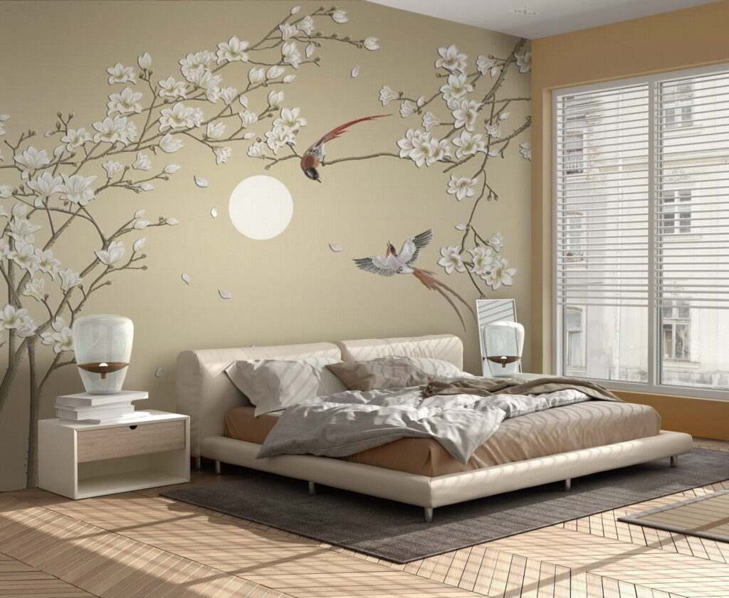Tree with white flowers and birds