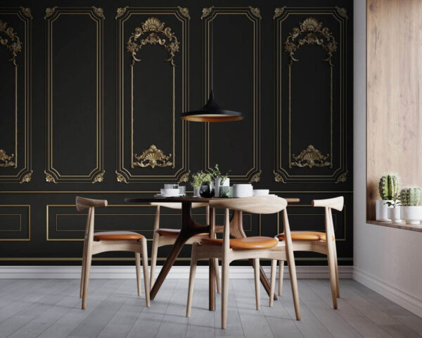 Elegant black panels with ornate accents. Elegant black panels with ornate accents.