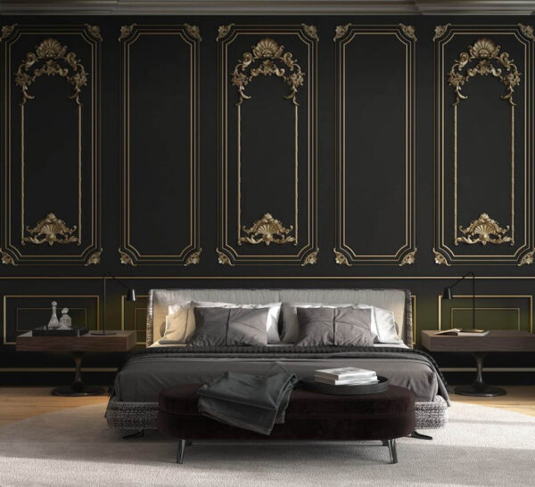 Elegant black panels with ornate accents. Elegant black panels with ornate accents.