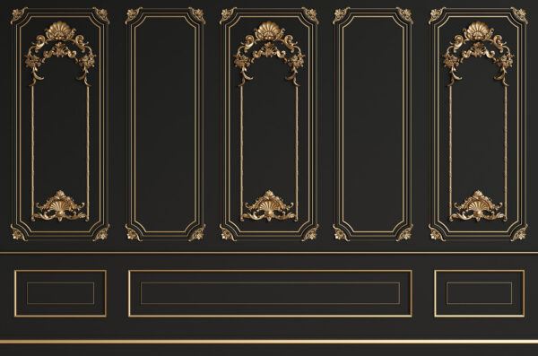 Elegant black panels with ornate accents. Elegant black panels with ornate accents.