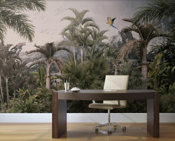 Tropical forest with palm trees and a bird flying Tropical forest with palm trees and a bird flying