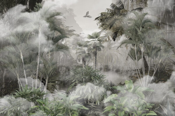 Foggy forest with trees and birds Foggy forest with trees and birds