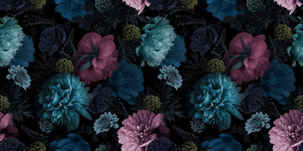Vibrant floral pattern on black background. Vibrant floral pattern on black background.
