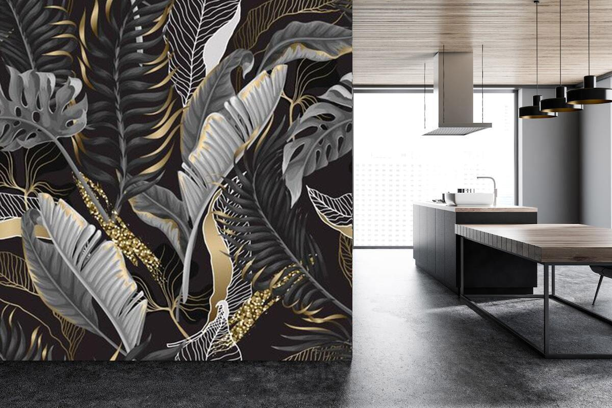 Lush tropical foliage with shimmering accents.