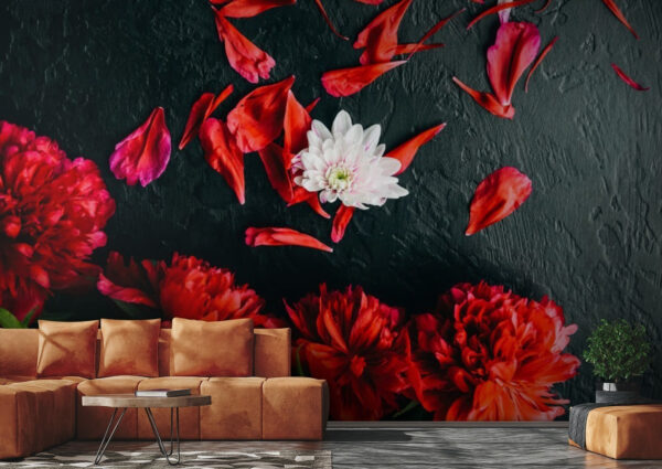 Group of red flowers with petals on a black surface u71471pig1 600x425 - Group of red flowers with petals on a black surface - tegory