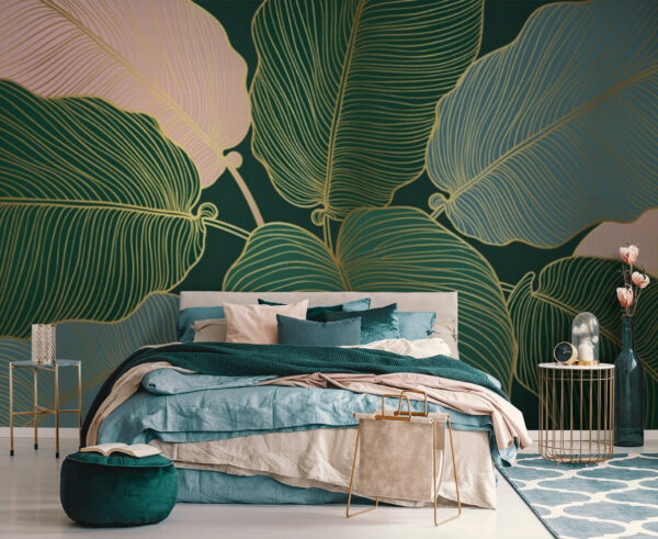 Wall murals Tropical leaves with elegant lines (SKU: u71349) Wall murals Wall murals Tropical leaves with elegant lines (SKU: u71349)