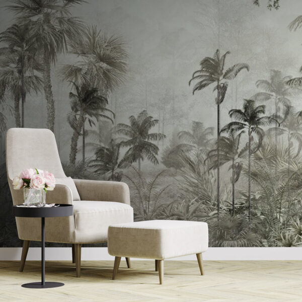 Wall murals Group of palm trees in a foggy forest Wall murals Group of palm trees in a foggy forest