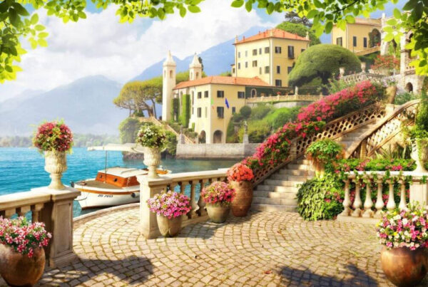 Stone walkway with stairs and flowers on the side of the water Stone walkway with stairs and flowers on the side of the water