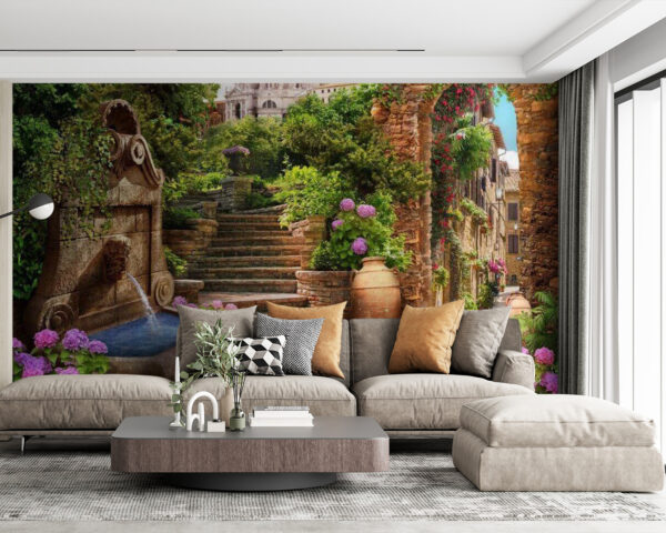 Stone path with a fountain and stairs and flowers u67807pig63m 600x480 - Stone path with a fountain and stairs and flowers - tegory