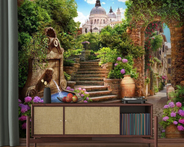 Stone path with a fountain and stairs and flowers u67807pig20 600x480 - Stone path with a fountain and stairs and flowers - tegory