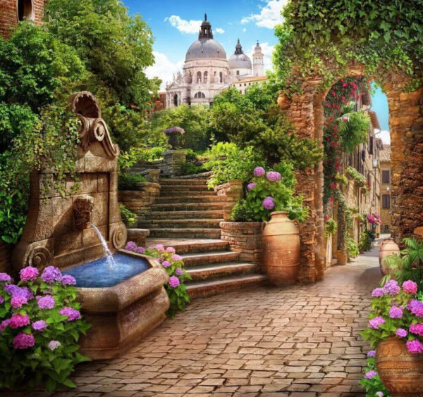 Stone path with a fountain and stairs and flowers u67807p 600x564 - Stone path with a fountain and stairs and flowers - tegory